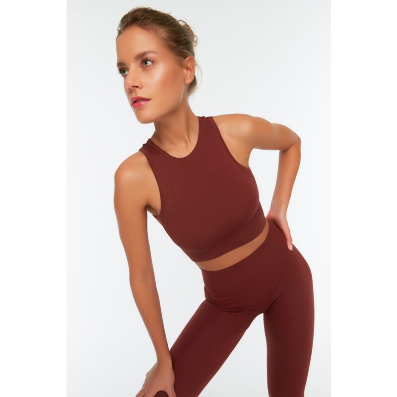 Trendyol Brown Seamless/Seamless Light Support Barbell Neck Knitted Sports Bra