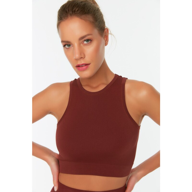 Trendyol Brown Seamless/Seamless Light Support Barbell Neck Knitted Sports Bra