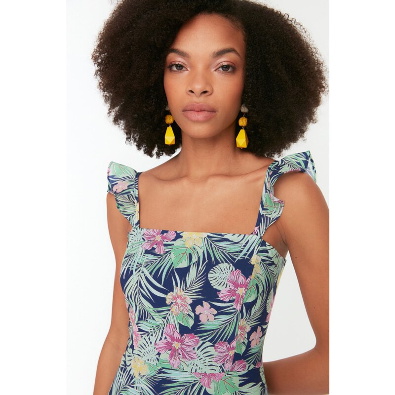 Trendyol Navy Blue Fitted/Fitted Strappy Floral Mini Woven Dress