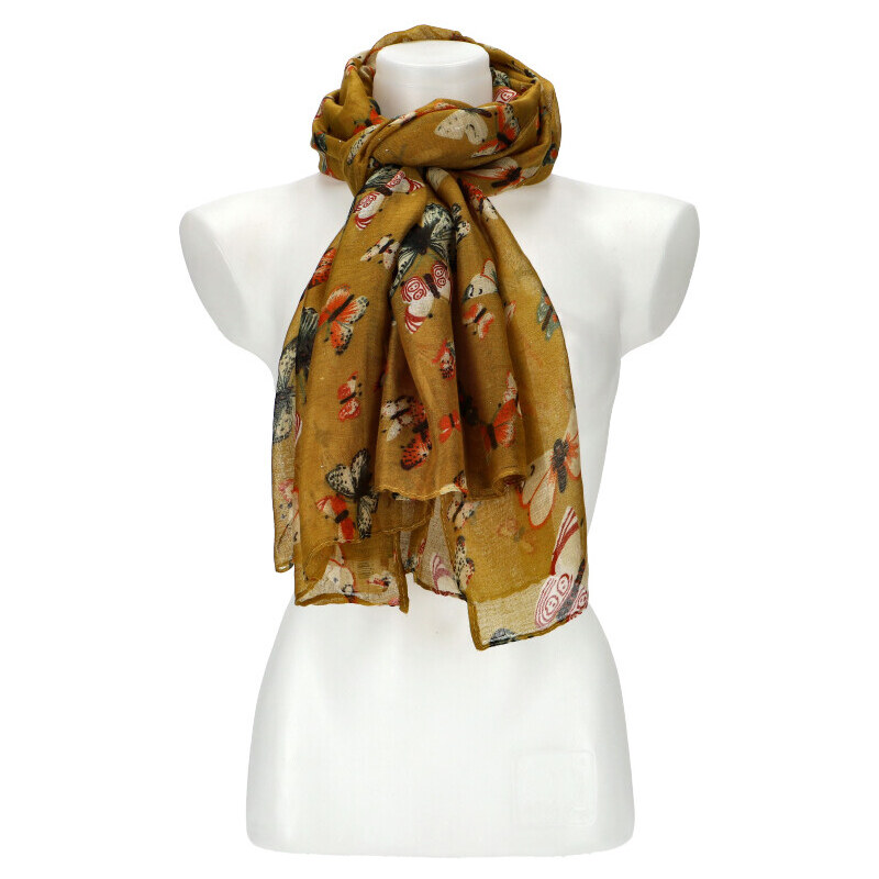 Cashmere Dámský letní barevný šátek s motýlky 174x69 cm žlutá