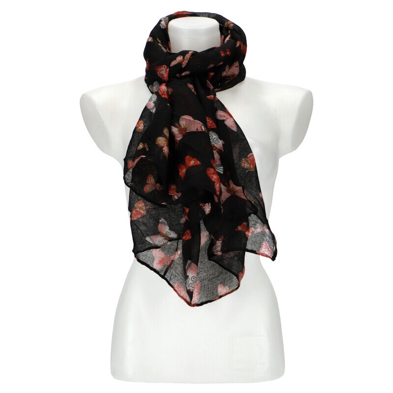 Cashmere Dámský letní barevný šátek s motýlky 174x69 cm černá