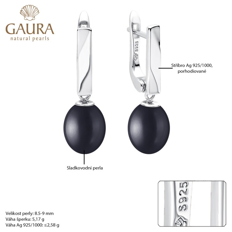 Gaura Pearls Stříbrné náušnice s černou 8.5-9 mm perlou Graciana, stříbro 925/1000