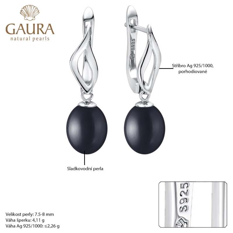Gaura Pearls Stříbrné náušnice s černou 7.5-8 mm perlou Paloma, stříbro 925/1000