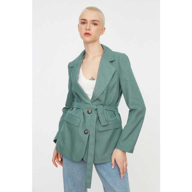 Trendyol Mint Plain Belted Blazer Jacket