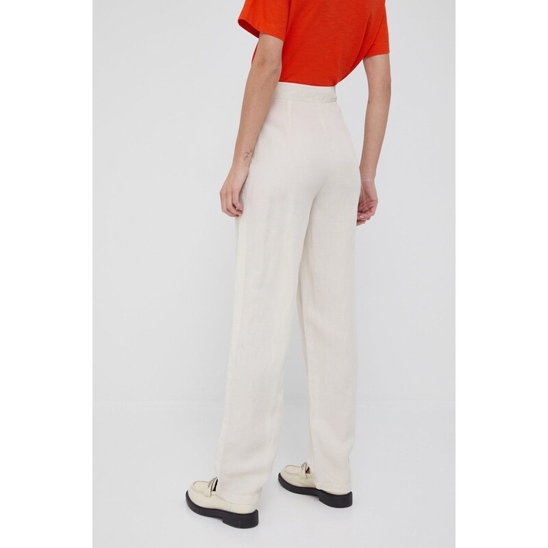 Kalhoty s lněnou směsí Emporio Armani dámské, béžová barva, jednoduché, high waist