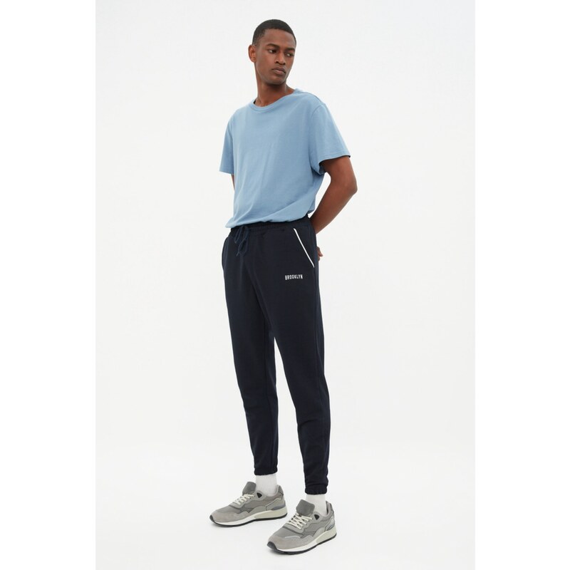 Trendyol Navy Blue Regular Fit Printed Pipeline Elastic Cuff Sweatpants