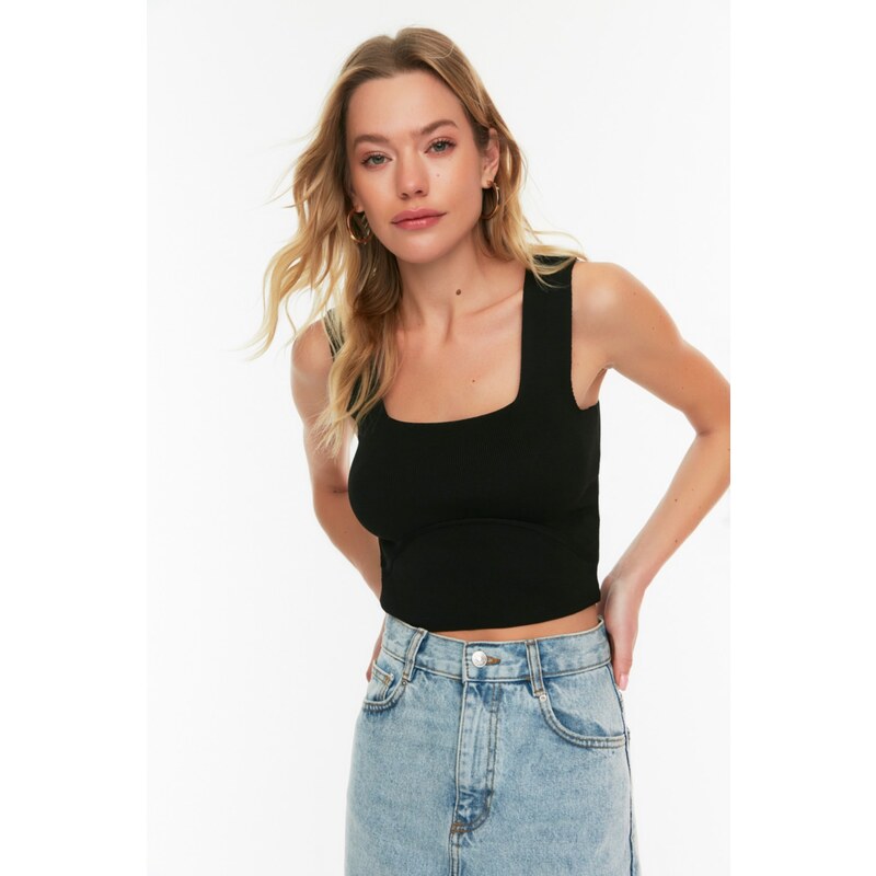 Trendyol Black Halter Corduroy Crop Knitwear Blouse