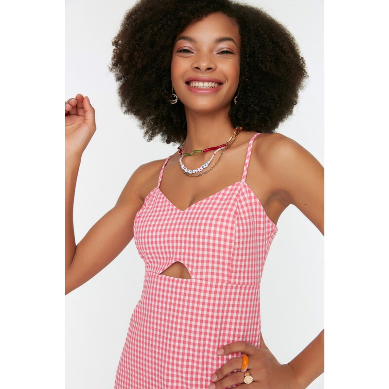 Trendyol Pink Window Detailed Gingham Mini Woven Jumpsuit