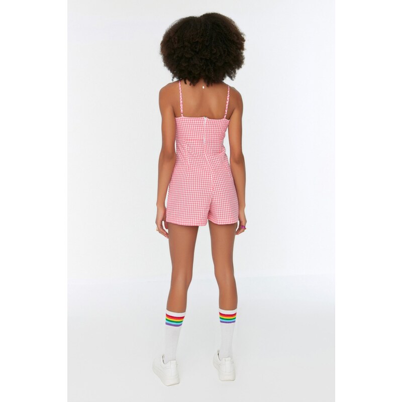 Trendyol Pink Window Detailed Gingham Mini Woven Jumpsuit