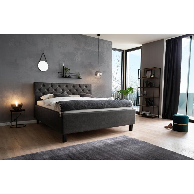 Antracitově šedá koženková dvoulůžková postel Meise Möbel San Remo 180 x 200 cm s úložným prostorem