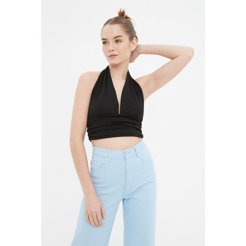 Trendyol Black Halter Neck Fitted/Slim Crop Knitted Blouse