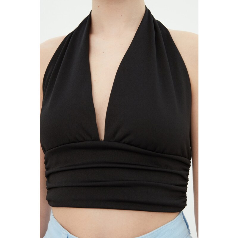 Trendyol Black Halter Neck Fitted/Slim Crop Knitted Blouse