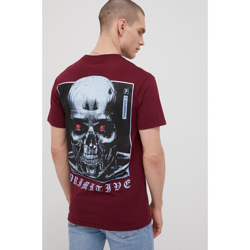 Bavlněné tričko Primitive X Terminator vínová barva, s potiskem