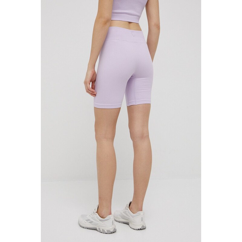 Kraťasy Guess dámské, fialová barva, hladké, medium waist