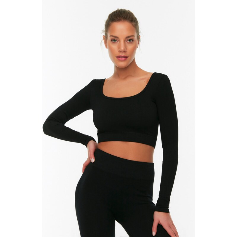 Trendyol Black Seamless/Seamless Crop Extra Stretchy Knitted Sports Top/Blouse