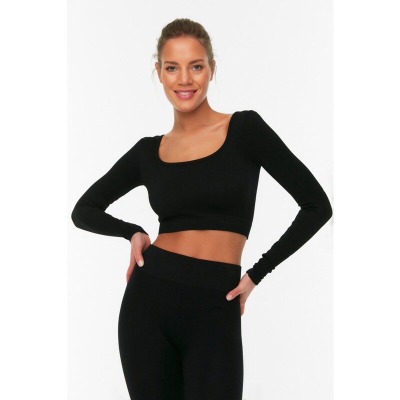 Trendyol Black Seamless/Seamless Crop Extra Stretchy Knitted Sports Top/Blouse