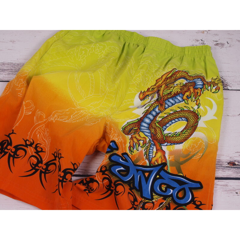 BAZAR šortky bermudy Reward limetkové s oranžovou s drakem