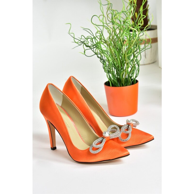 Fox Shoes Women's Stilettos in Orange Satin Fabric and Stones