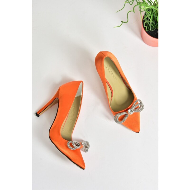 Fox Shoes Women's Stilettos in Orange Satin Fabric and Stones