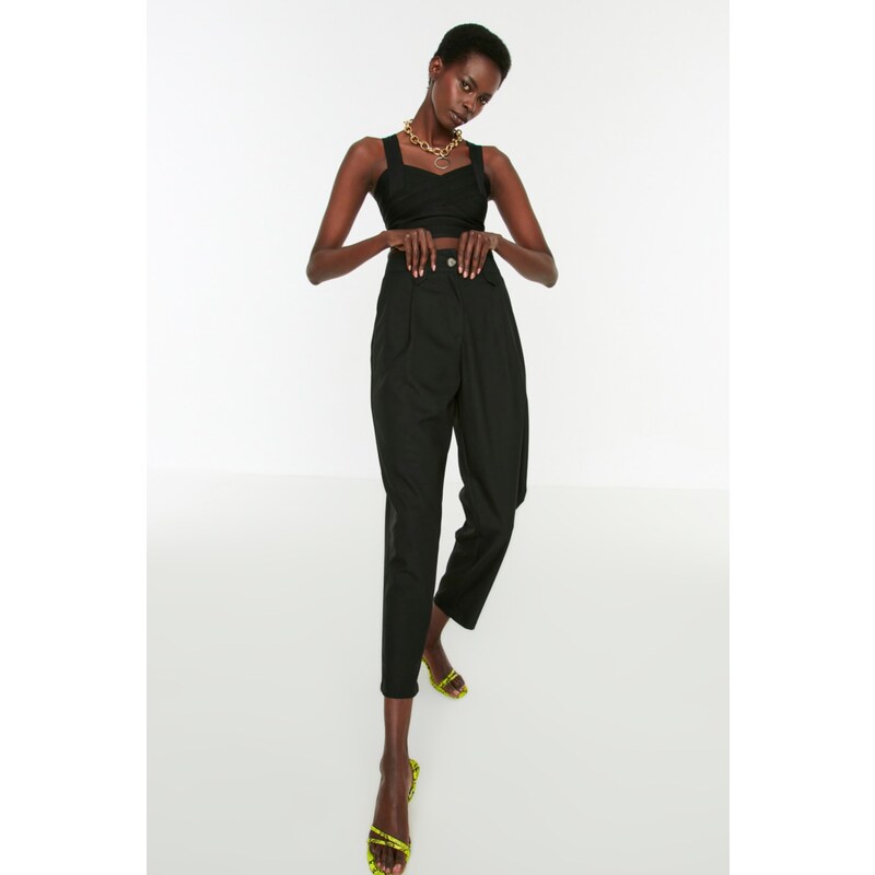 Trendyol Black Carrot High Waist Polyviscon tkané kalhoty