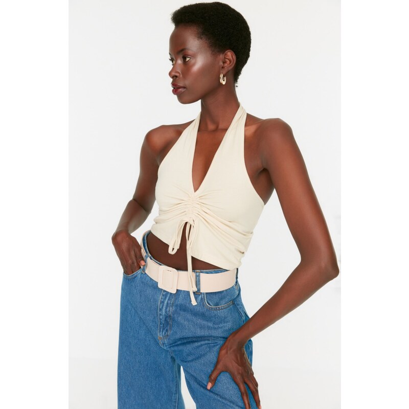 Trendyol Stonewash Halterneck Knitted Blouse with Shirling Detail, Ribbed Flexible Crop