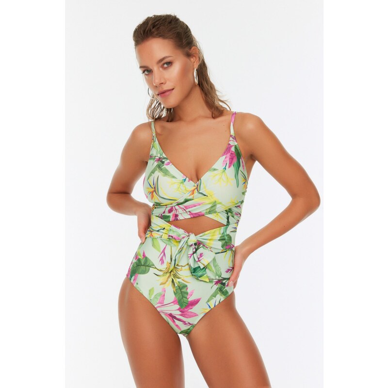 Trendyol Green Floral Pattern Belt Detailed Swimsuit