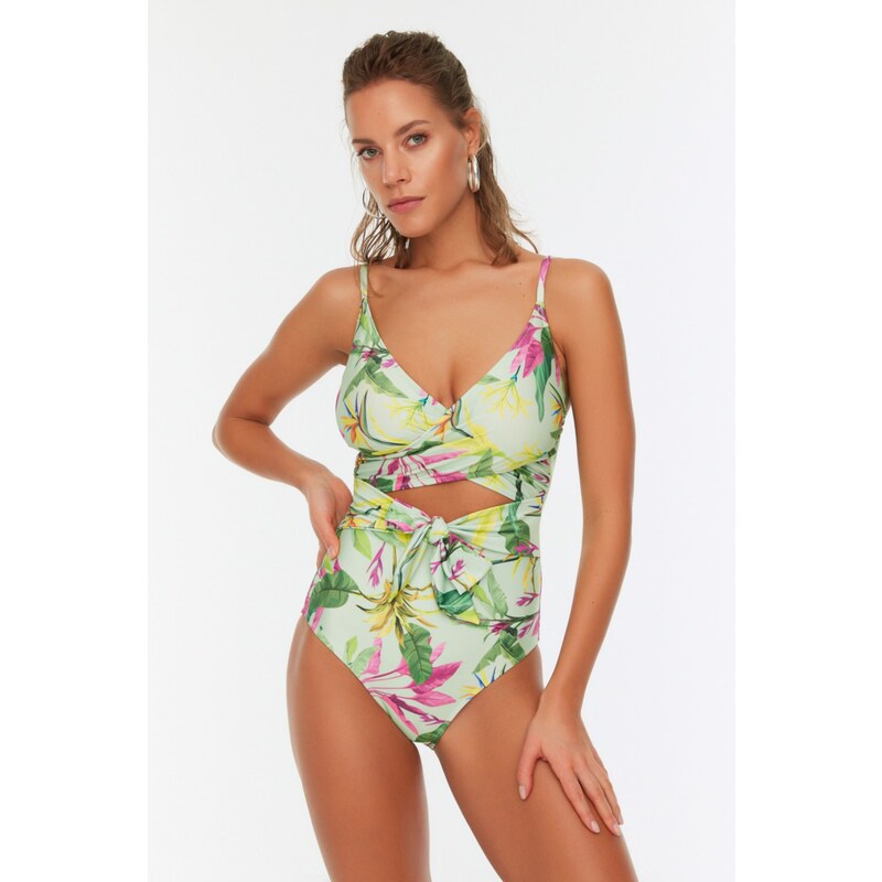 Trendyol Green Floral Pattern Belt Detailed Swimsuit