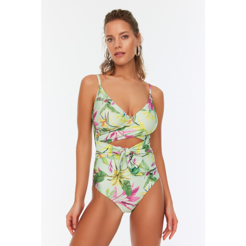 Trendyol Green Floral Pattern Belt Detailed Swimsuit