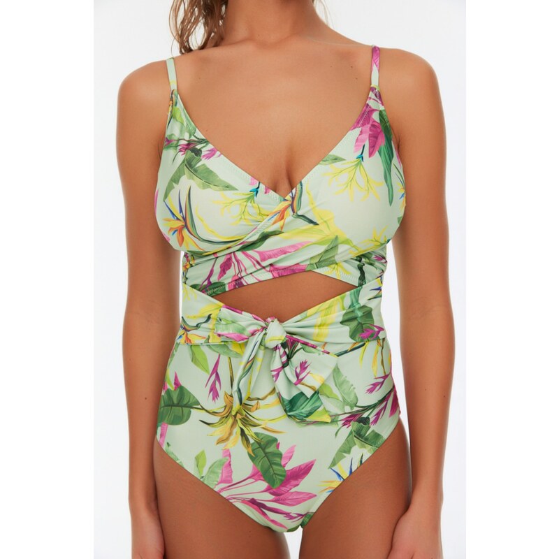 Trendyol Green Floral Pattern Belt Detailed Swimsuit