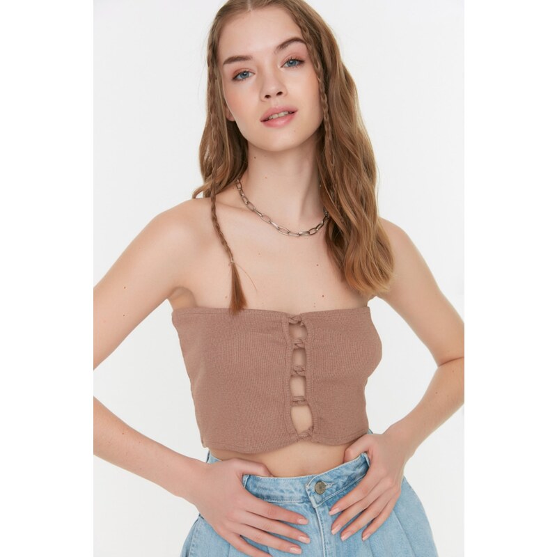 Trendyol Mink Crop Corduroy Knitted Blouse