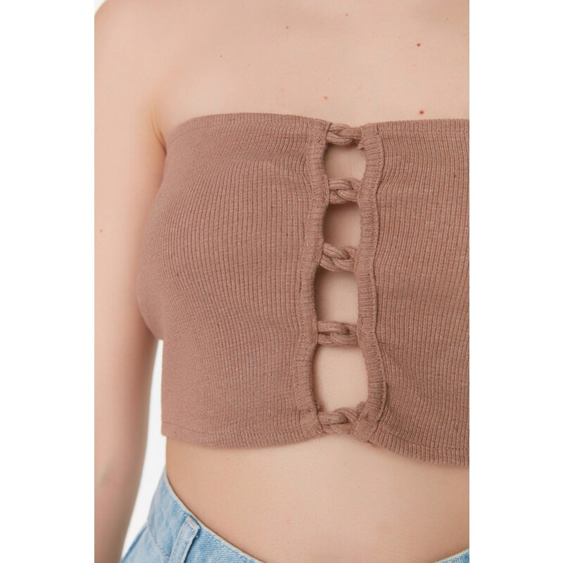 Trendyol Mink Crop Corduroy Knitted Blouse