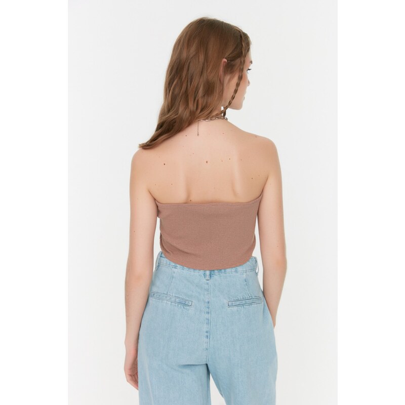 Trendyol Mink Crop Corduroy Knitted Blouse