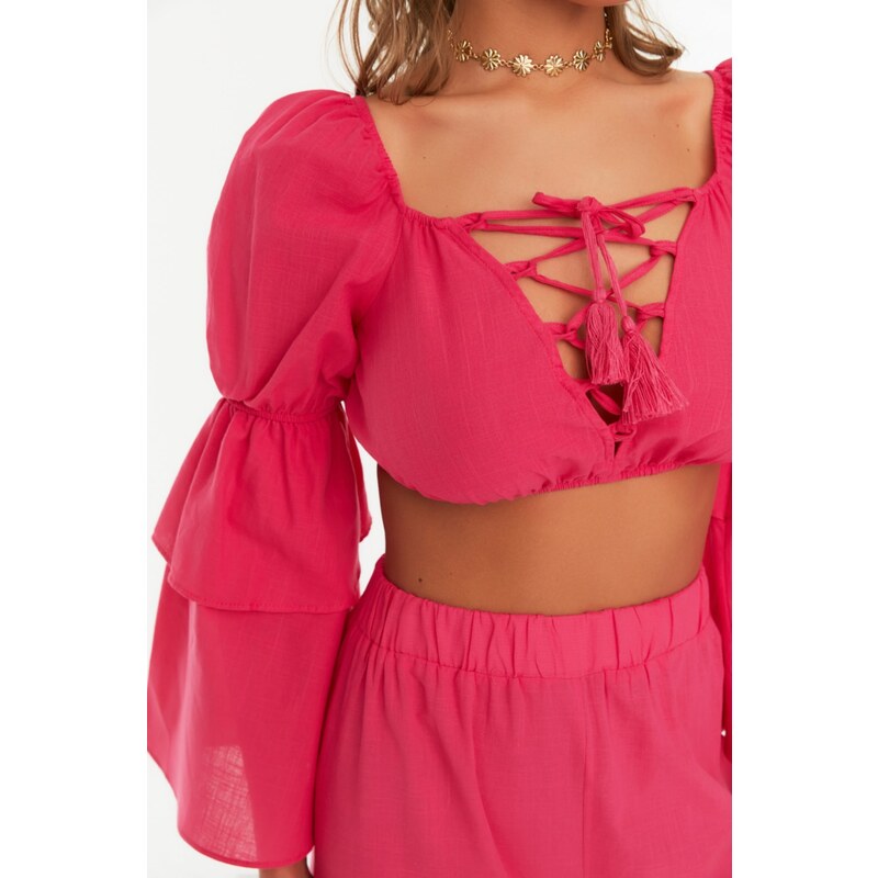 Trendyol Pink Long Sleeve Tie Detail Beach Blouse