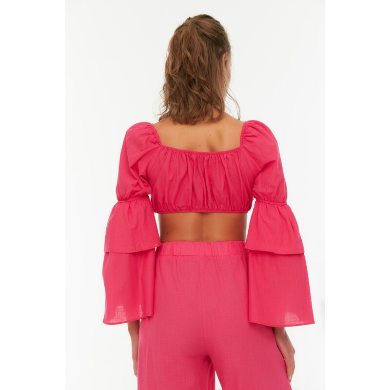 Trendyol Pink Long Sleeve Tie Detail Beach Blouse