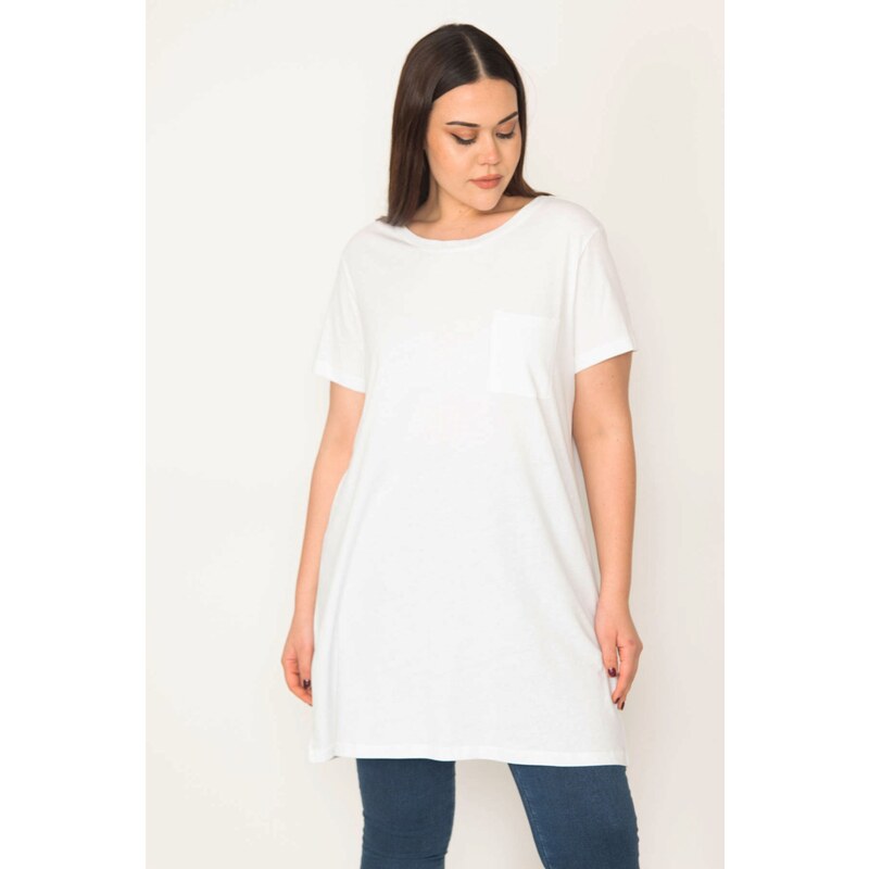 Şans Women's Plus Size White Cotton Fabric Peto Pocket Tunic