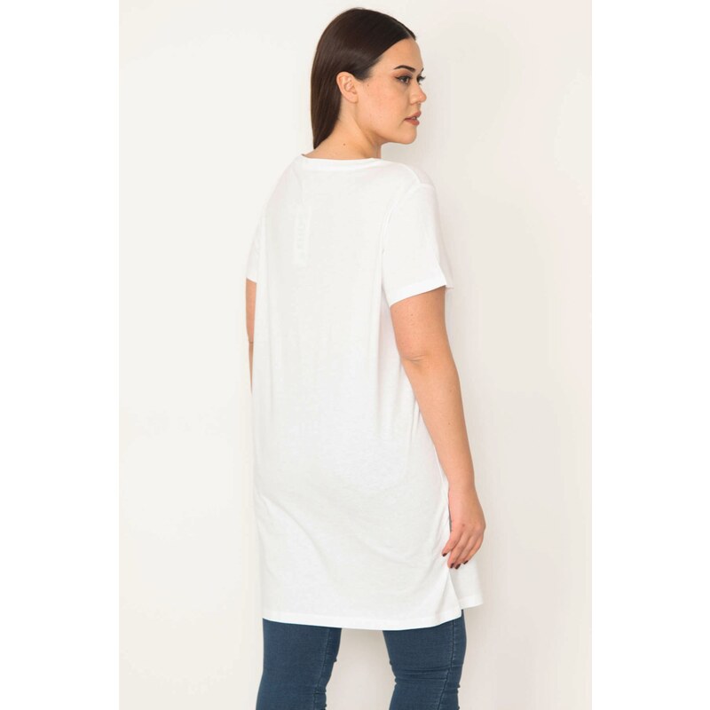 Şans Women's Plus Size White Cotton Fabric Peto Pocket Tunic