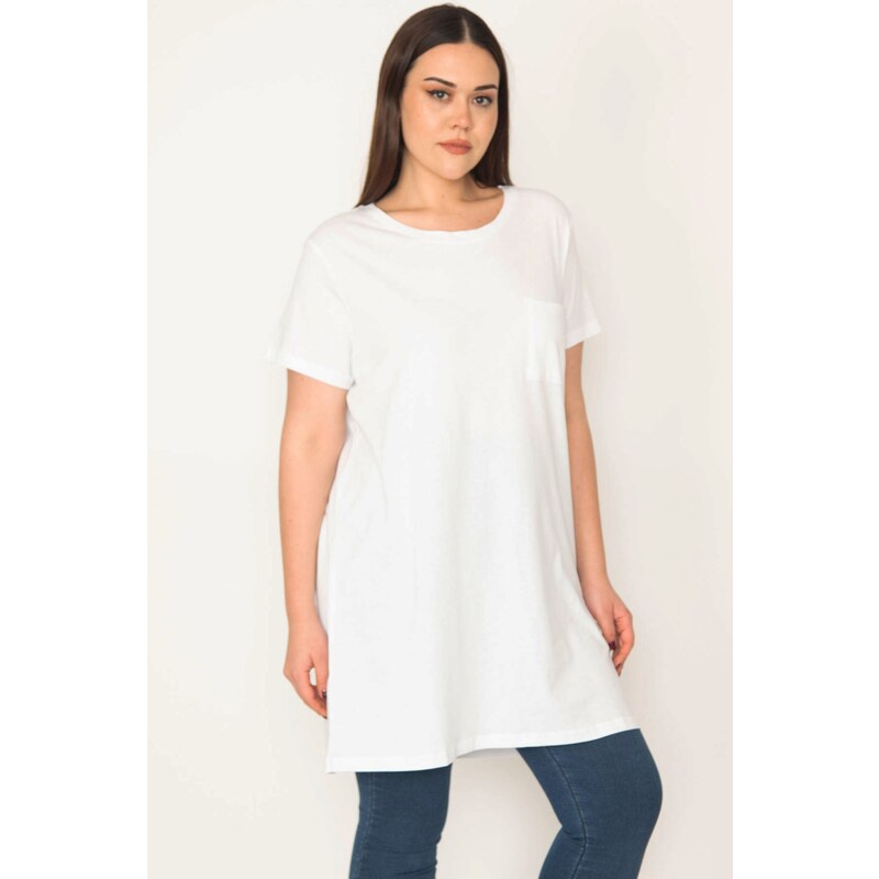 Şans Women's Plus Size White Cotton Fabric Peto Pocket Tunic