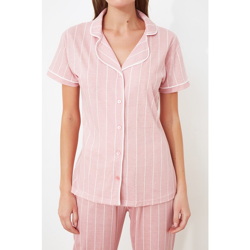 Trendyol Pink Cotton Striped Piping Detailed Sleep Tape Knitted Pajamas Set