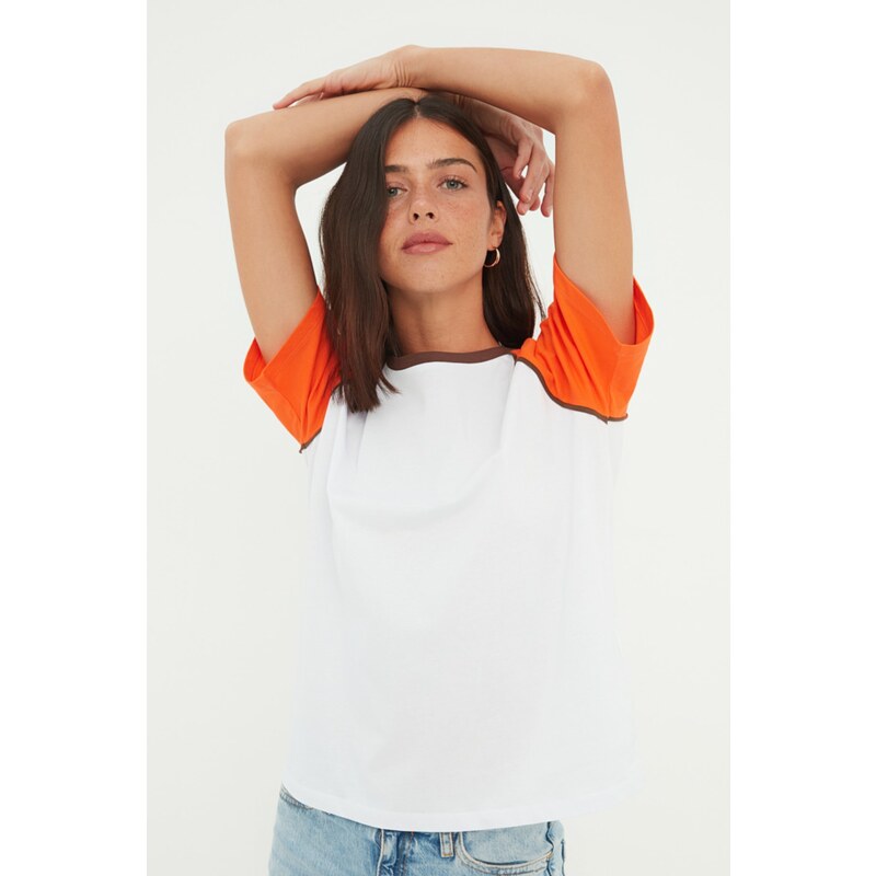 Trendyol Orange 100% Cotton Color Block Comfortable Cut, Basic Raglan Sleeve Crew Neck Knitted T-Shirt