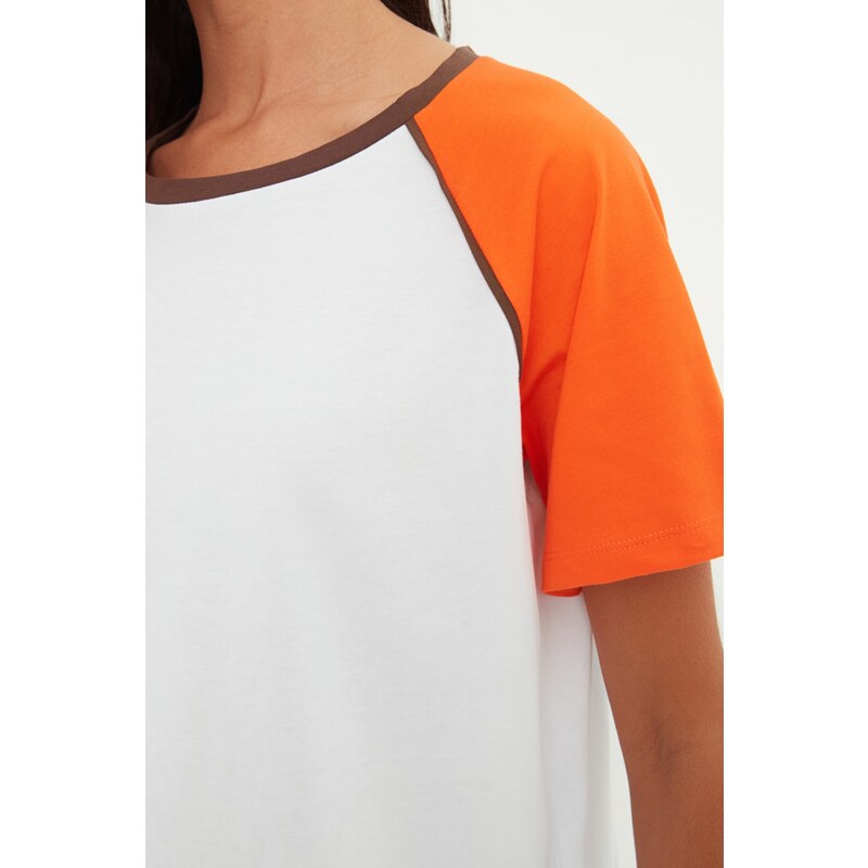 Trendyol Orange 100% Cotton Color Block Comfortable Cut, Basic Raglan Sleeve Crew Neck Knitted T-Shirt