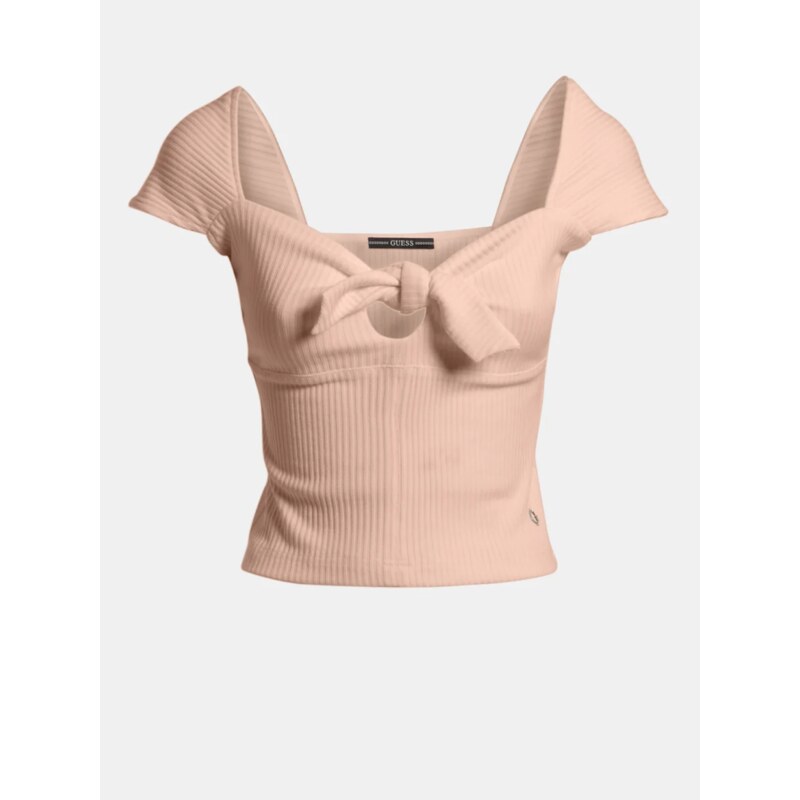 Světle růžové dámské žebrované cropped tričko s mašlí Guess Vale - Dámské