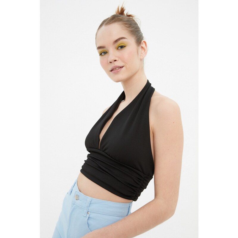 Trendyol Black Halter Neck Fitted/Slim Crop Knitted Blouse