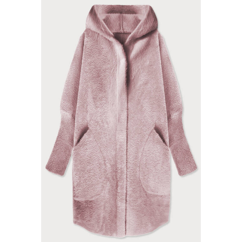 MADE IN ITALY Dlouhý vlněný přehoz přes oblečení typu "alpaka" ve špinavě růžové barvě s kapucí (908)