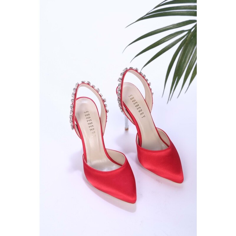 Shoeberry Women's Red Satin Crystal Heeled Shoes