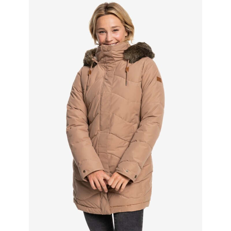 Světle hnědá dámská prodloužená prošívaná zimní bunda s kapucí a kožíškem  Roxy Ellie - GLAMI.cz