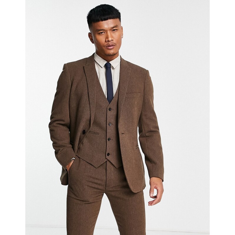 ASOS DESIGN wedding skinny wool mix suit jacket in brown