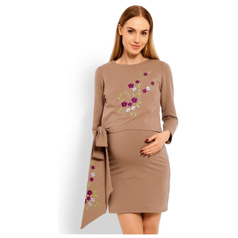 ProMamku Cappuccinové těhotenské a kojící šaty s vyšívanými květinami a mašlí