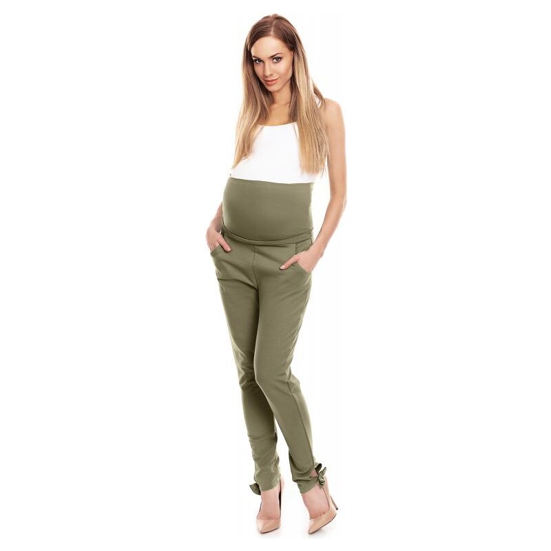 ProMamku Těhotenské kalhoty se zvýšeným pasem a mašlí v kaki barvě