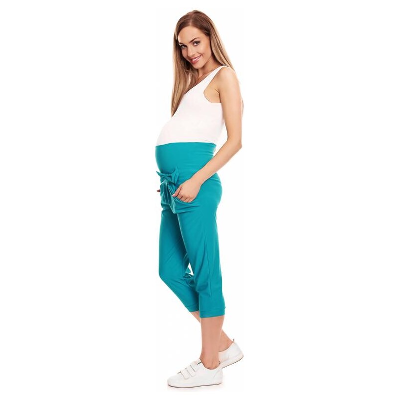 ProMamku Tyrkysové 3/4 kalhoty s elastickým pasem a mašlí pro těhotné