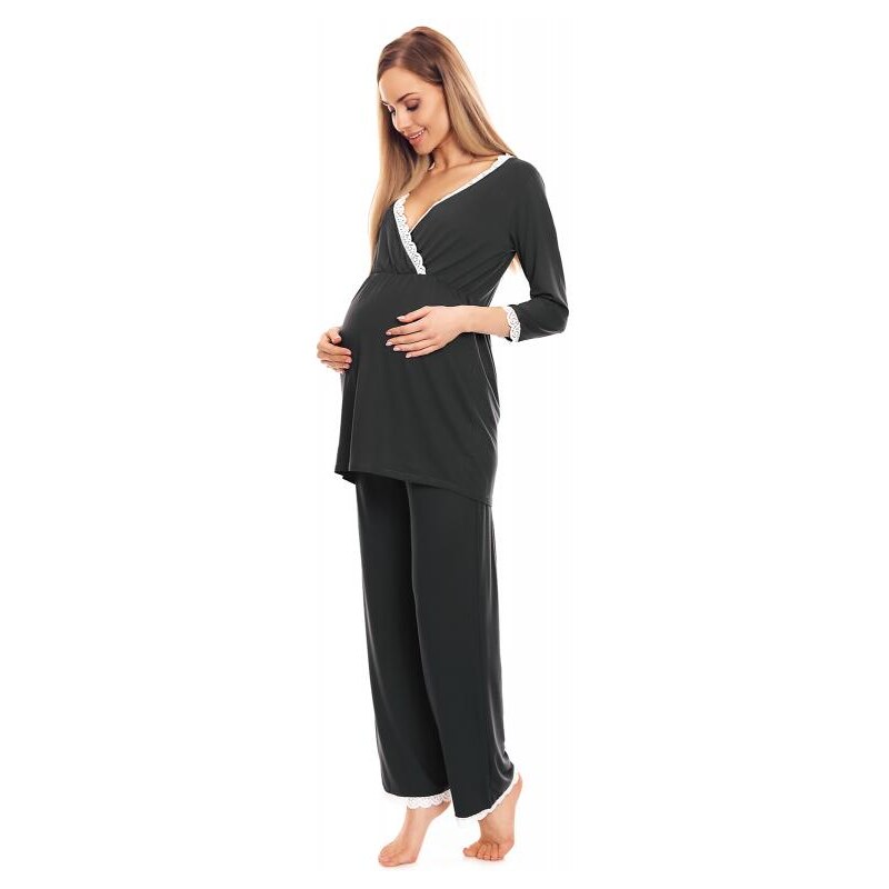 ProMamku Těhotenské a kojící pyžamo s kalhotami a tričkem s dlouhým rukávem v tmavě šedé barvě s výstřihem